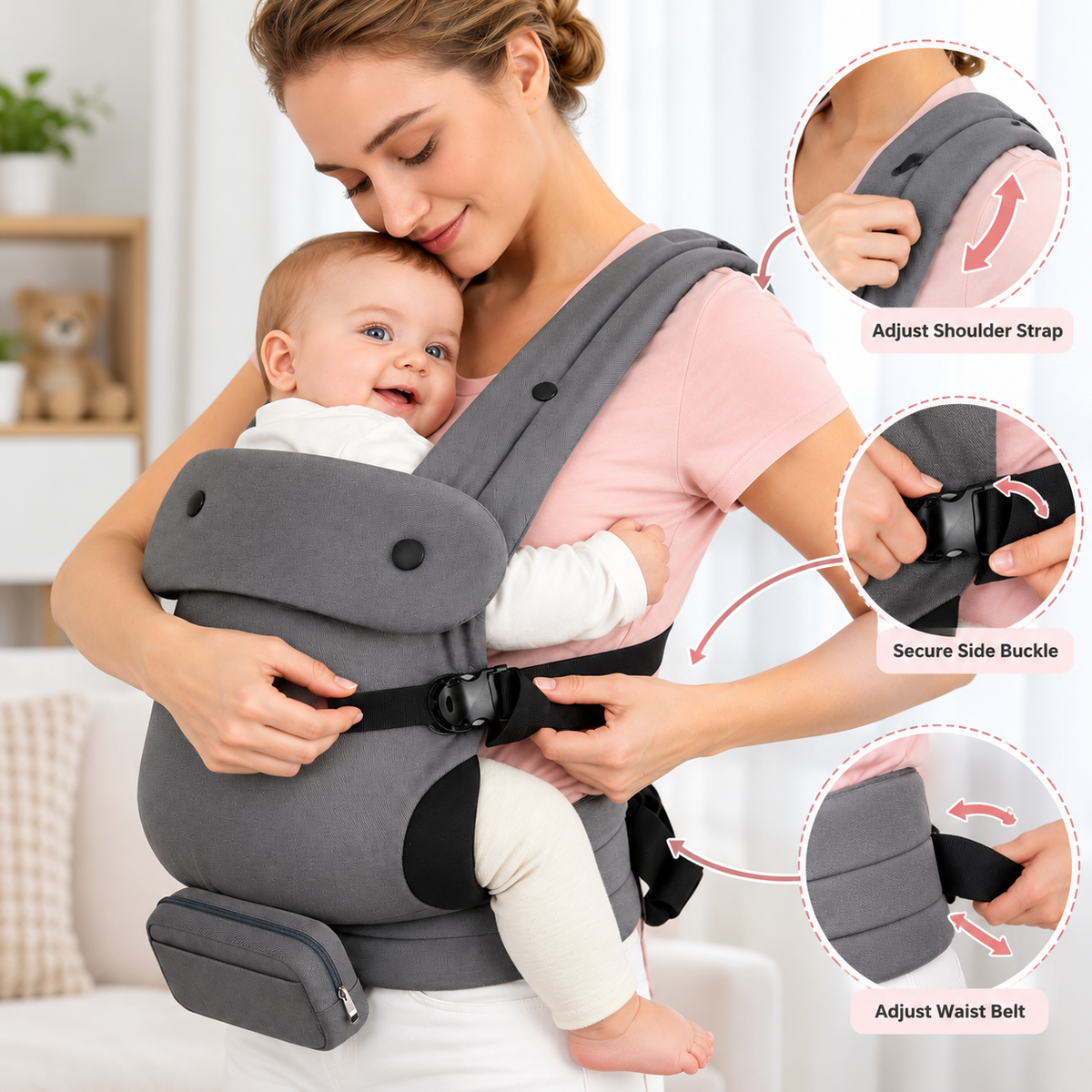 Parent adjusting the side buckle of a grey baby carrying system