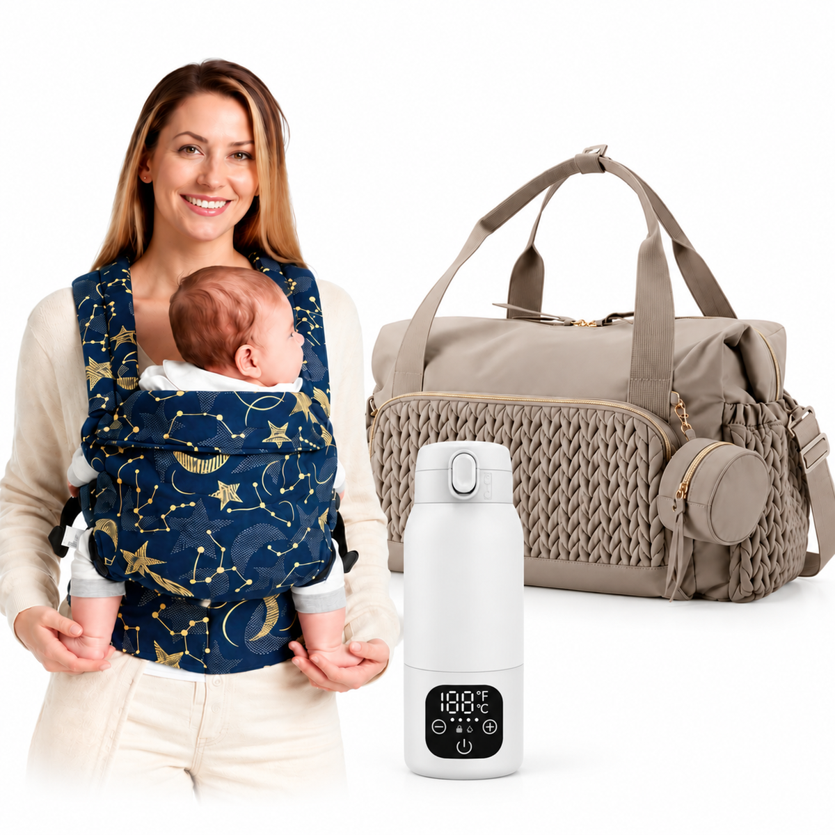 Baby Carrier Essentials Bundle with infant carrier, diaper bag and portable bottle warmer