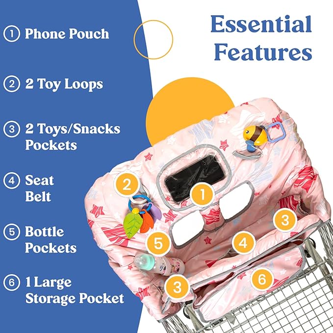 baby cart cover showing phone pouch toy loops storage pockets and bottle holders