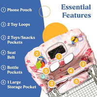 baby cart cover showing phone pouch toy loops storage pockets and bottle holders