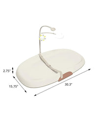 Close up of the integrated tuck-away toy bar on a foam changing pad