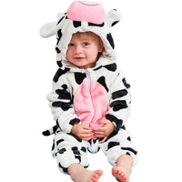 Black-and-white cow costume jumpsuit with a soft pink front panel.