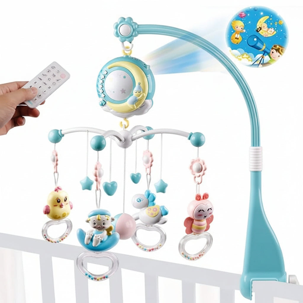 Blue baby crib mobile with 150 melodies and projector