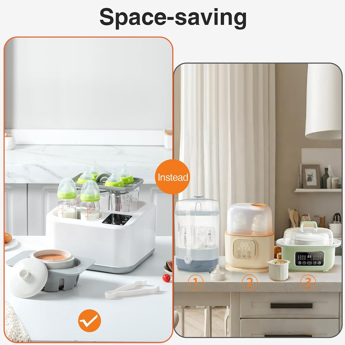 Clear upper compartment holding organised feeding bottles and silicone nipples