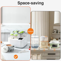 Clear upper compartment holding organised feeding bottles and silicone nipples
