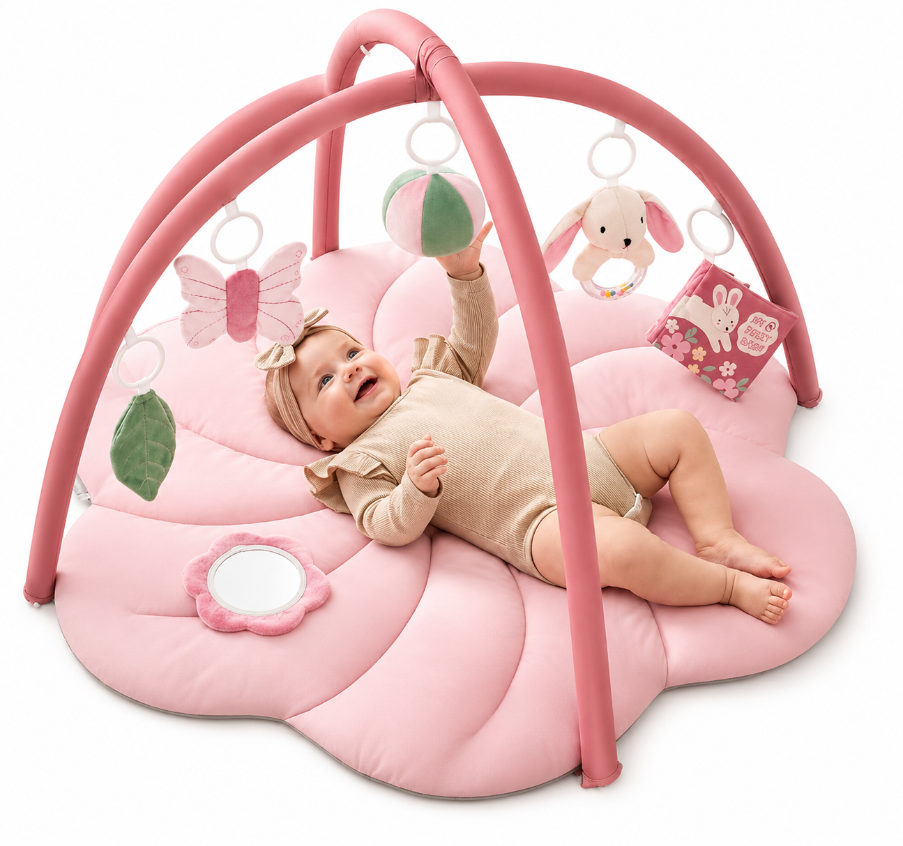 Pink flower-shaped baby activity play mat with overhead arches