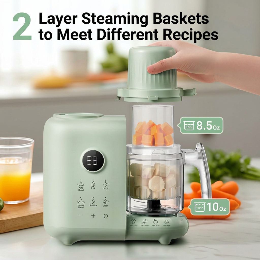 Baby food maker with dual-layer steam baskets for healthy homemade meals