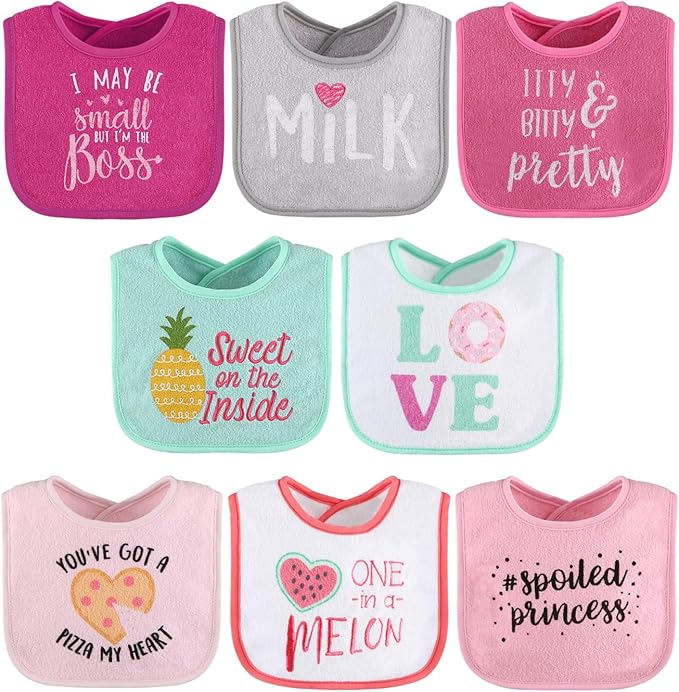 Baby Girl Terry Bib Set of 8, Soft and Absorbent Cotton Bibs for Newborns and Toddlers