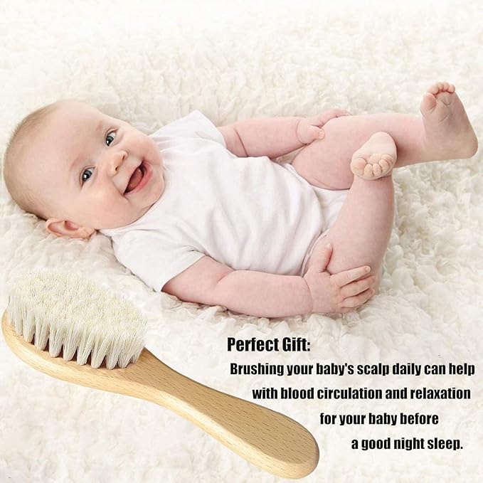 Baby hair care brush with wooden handle and soft goat bristles