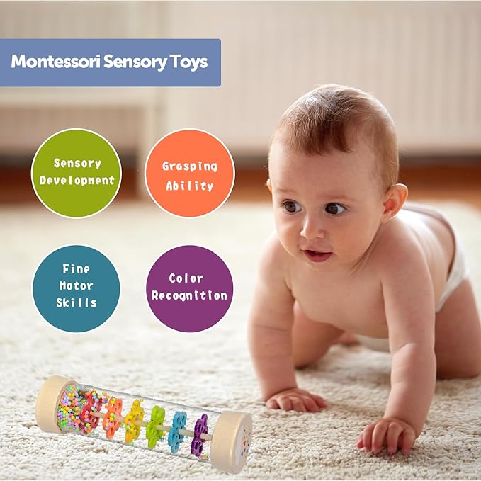 Baby holding wooden rattle toy montessori sensory toy for infants 6-12 months