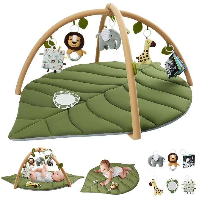 Green leaf-shaped baby activity play mat with hanging toys