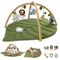 Green leaf-shaped baby activity play mat with hanging toys