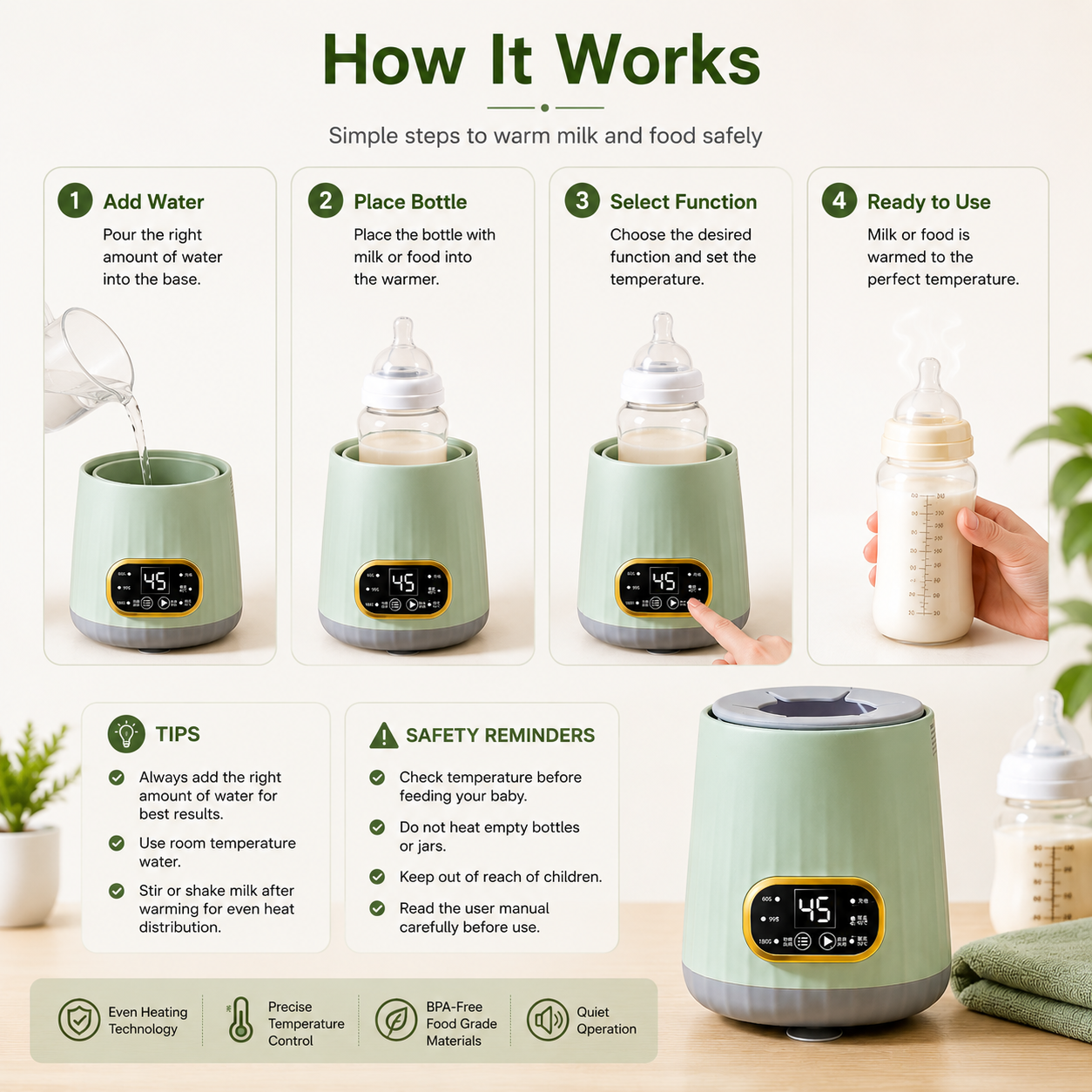 Baby milk warmer with 55 degree warming setting