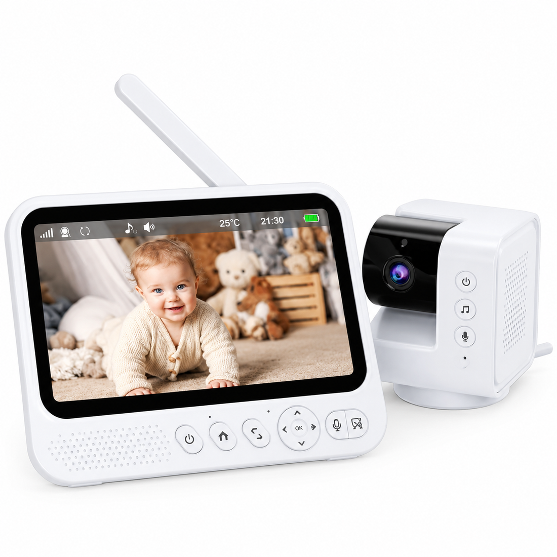 Wireless baby monitor camera with a large 7-inch IPS colour display and white nursery camera