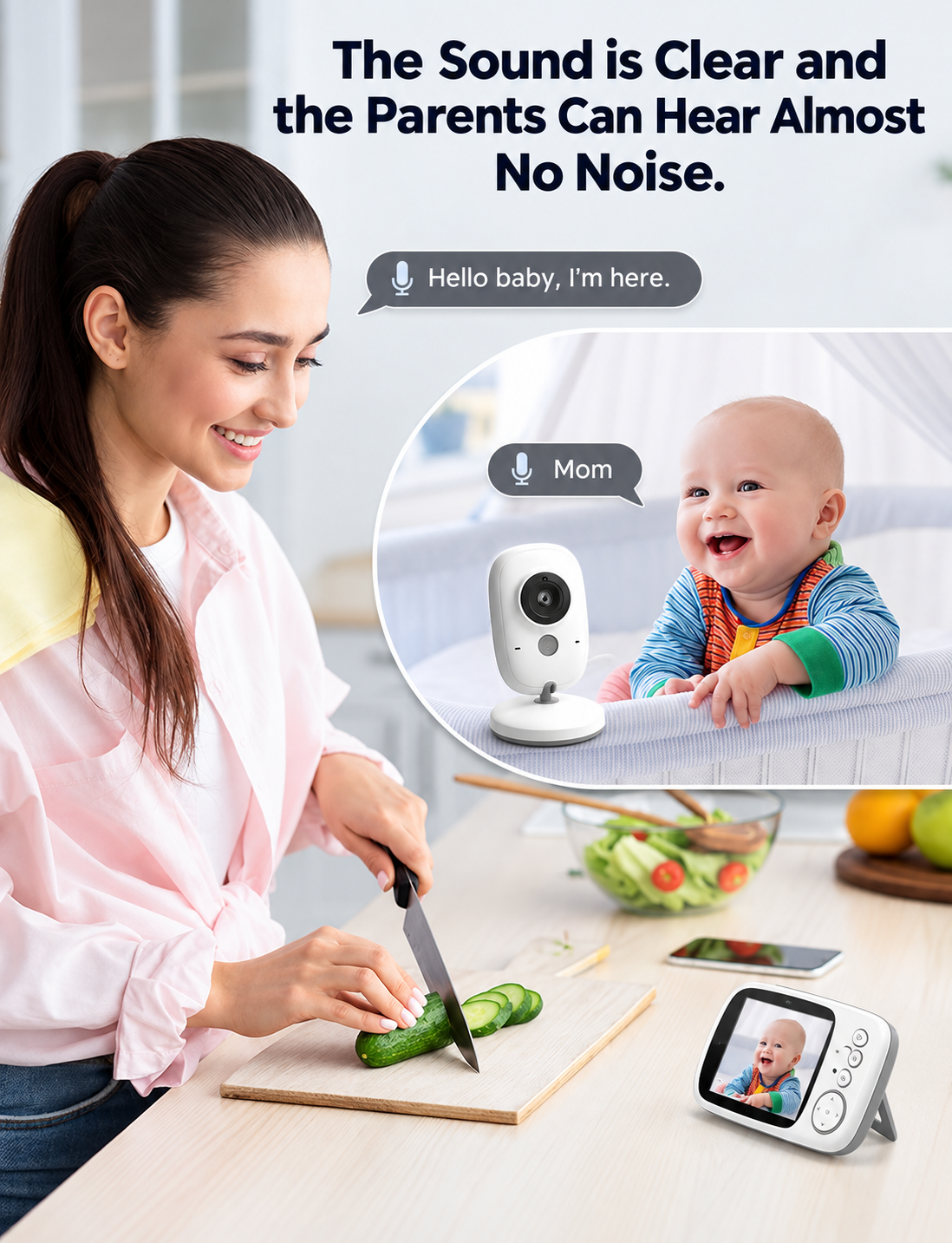 Close-up of the handheld monitoring screen showing a baby resting in a nursery