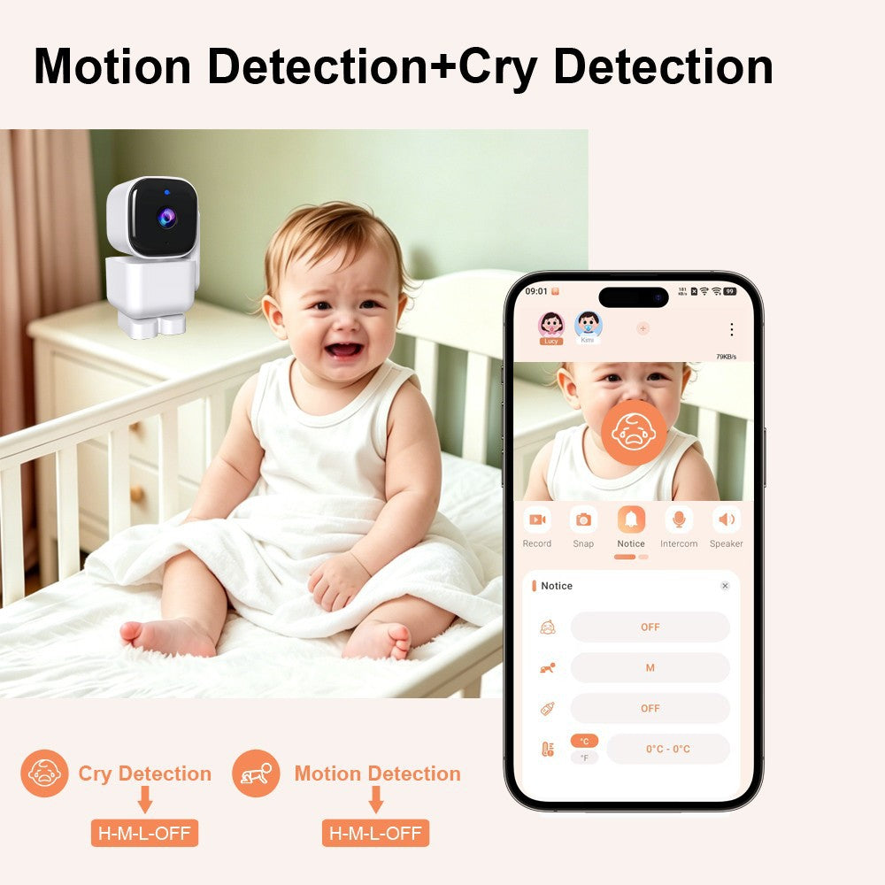 Handheld monitoring screen showing a sleeping baby with navigation and audio buttons.