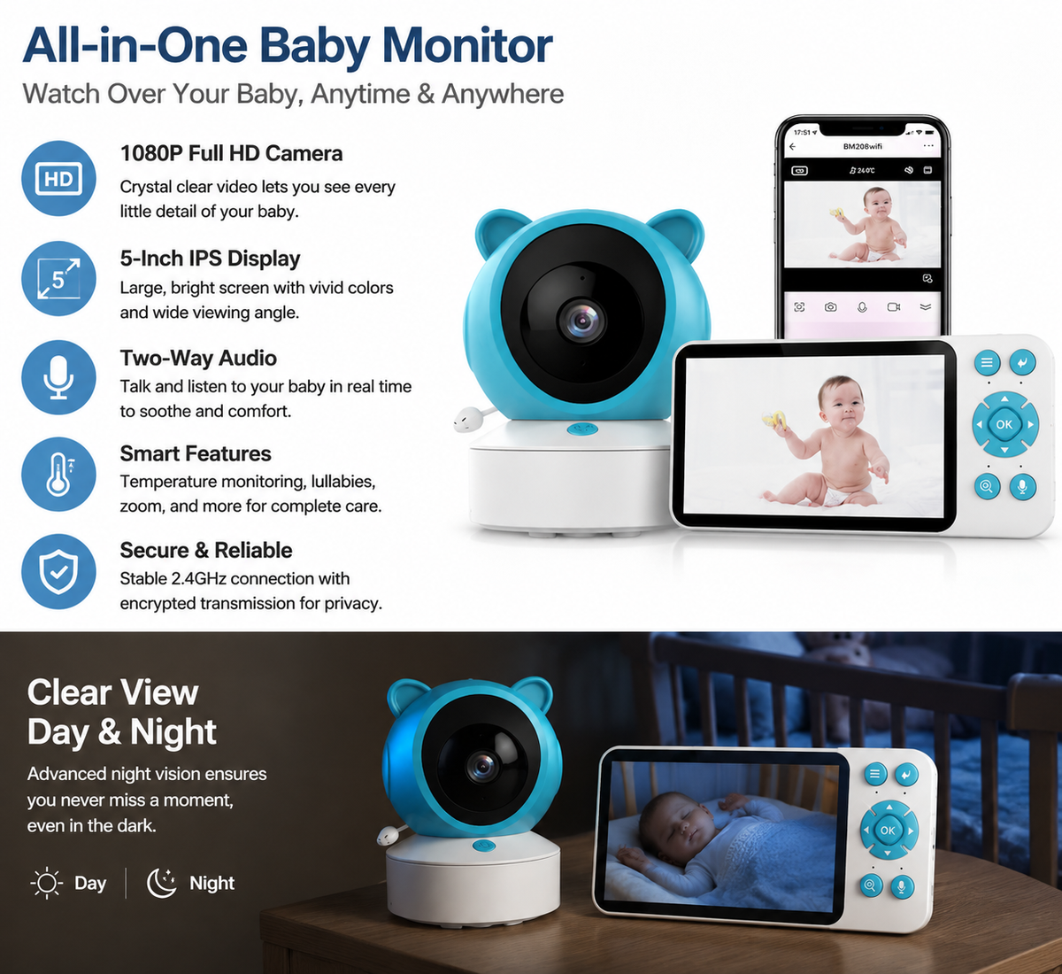 Baby monitor parent display screen with video view