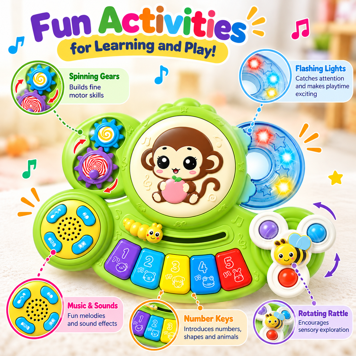 Baby musical keyboard toy with piano-style keys for interactive music play.
