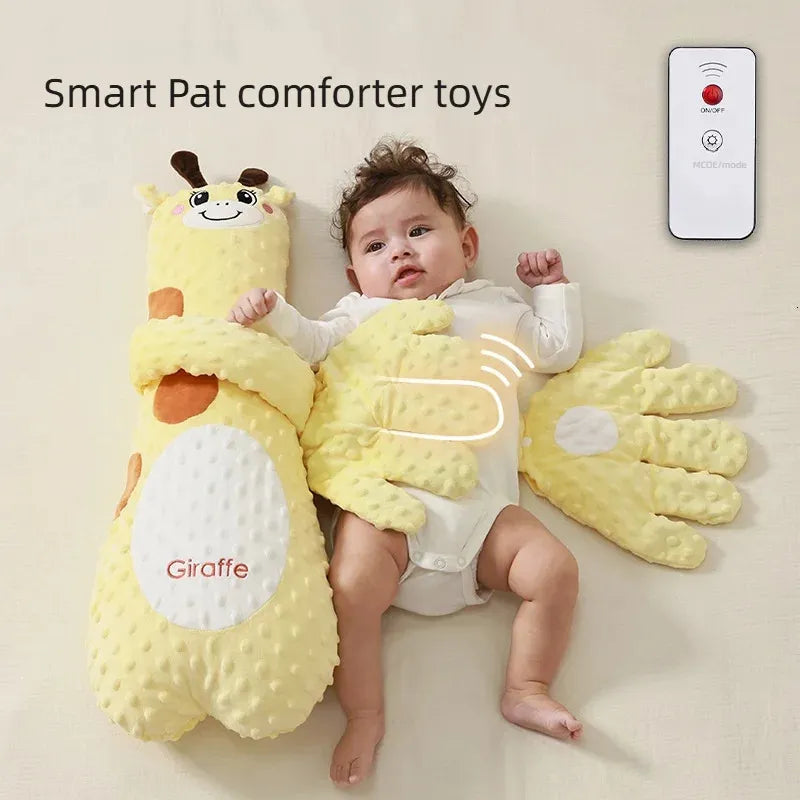 Baby patting pillow placed beside baby during supervised use