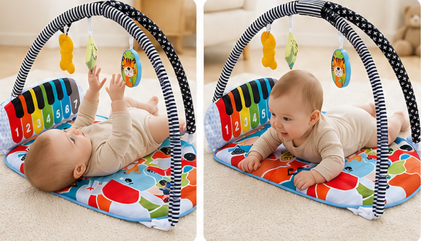 Baby activity mat with seven colorful numbered piano keys