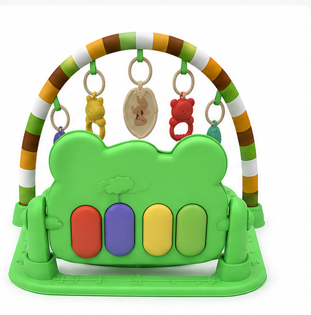 Baby piano activity mat with overhead play arch side view