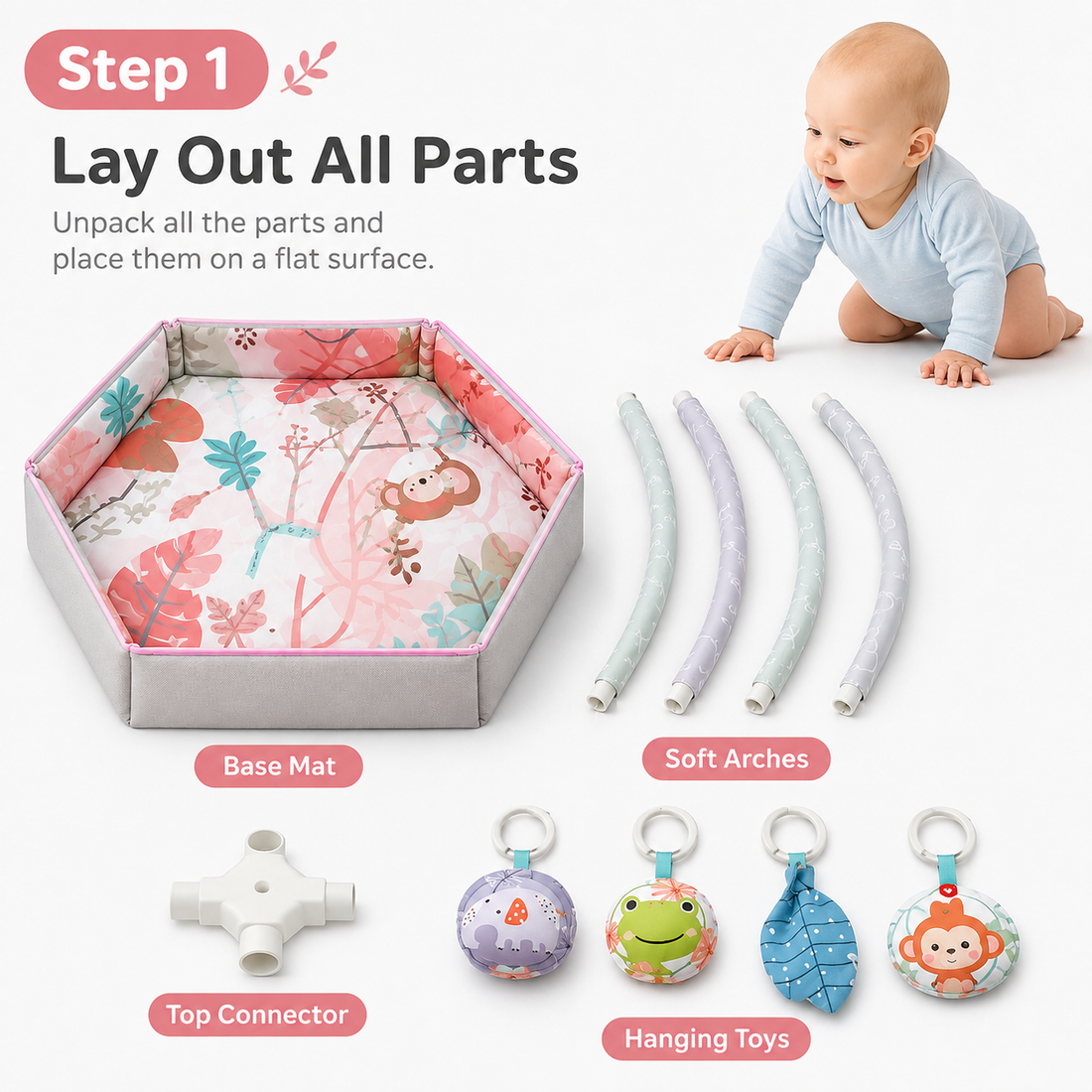 Baby activity play gym with crossed arches and animal toys