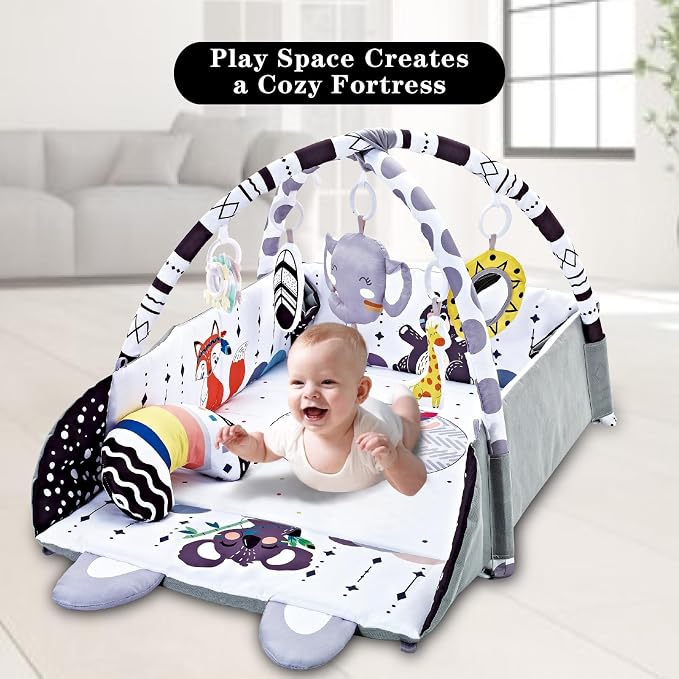 Baby activity gym with elephant and giraffe hanging toys