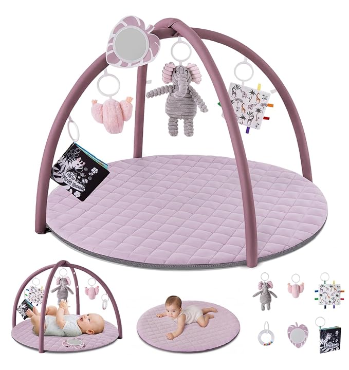 Baby play gym mat with six detachable activity toys