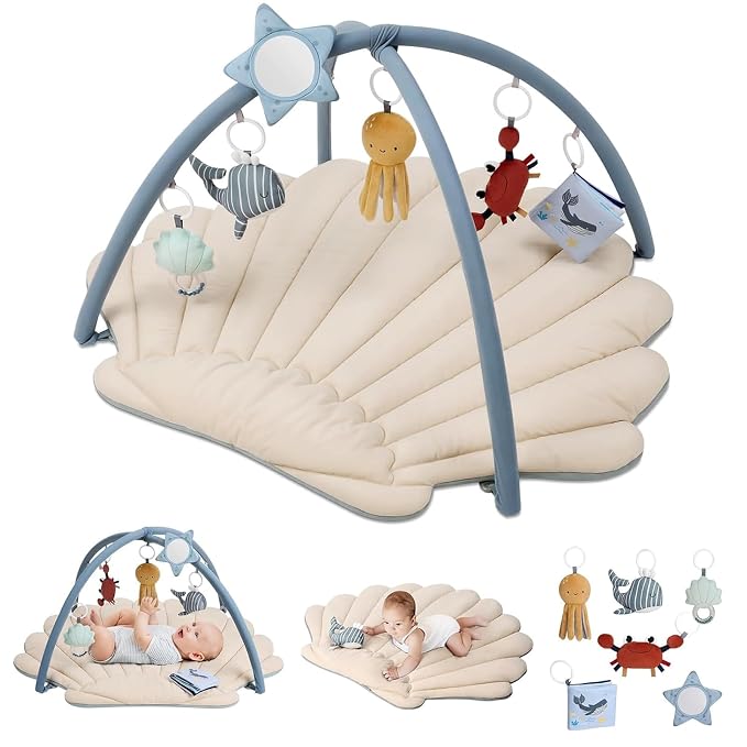 Baby play gym mat with six detachable activity toys