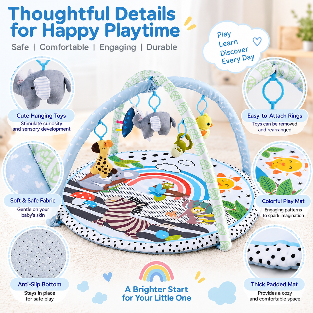 Baby play gym with soft padded activity mat for infants