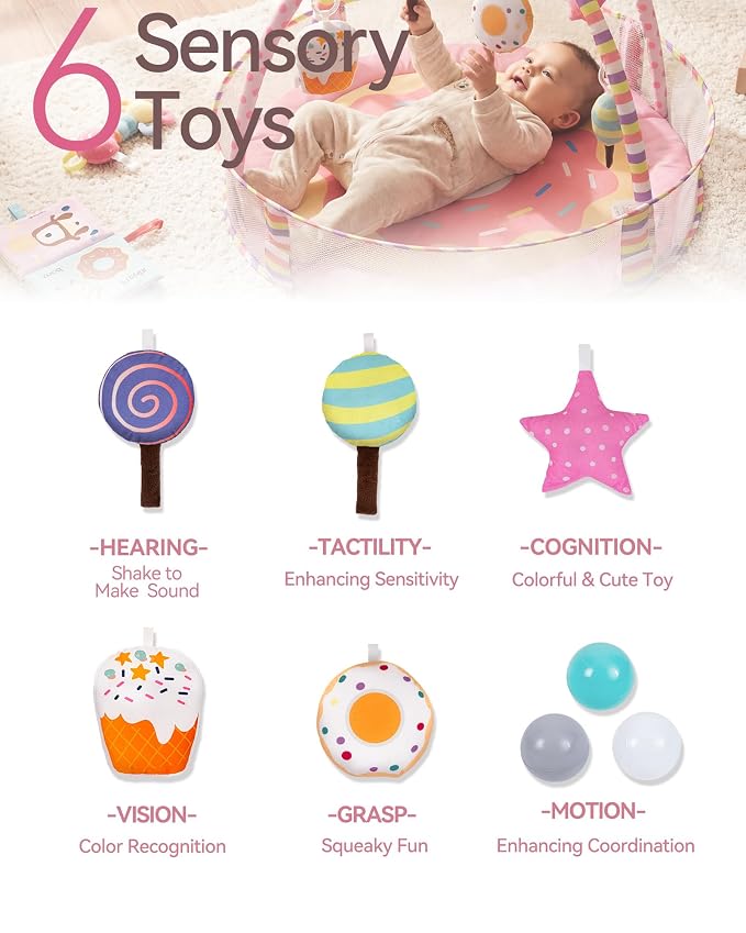 Baby play gym with overhead arches and hanging activity toys