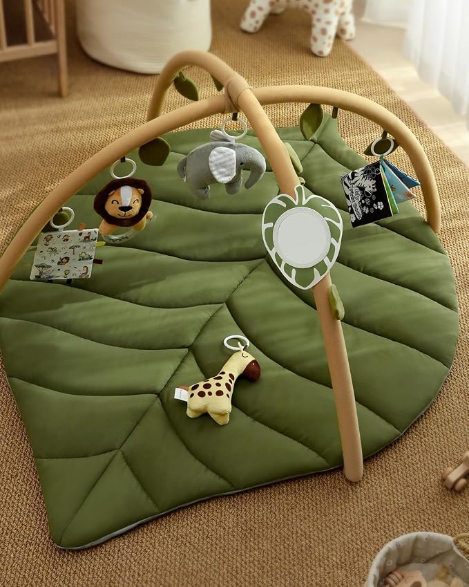 Baby activity play mat with hanging mirror and animal toys