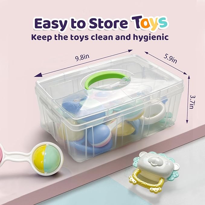 Baby holding a colourful rattle from the set during supervised playtime