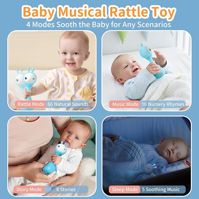 Baby playing with a talking musical rattle during supervised playtime