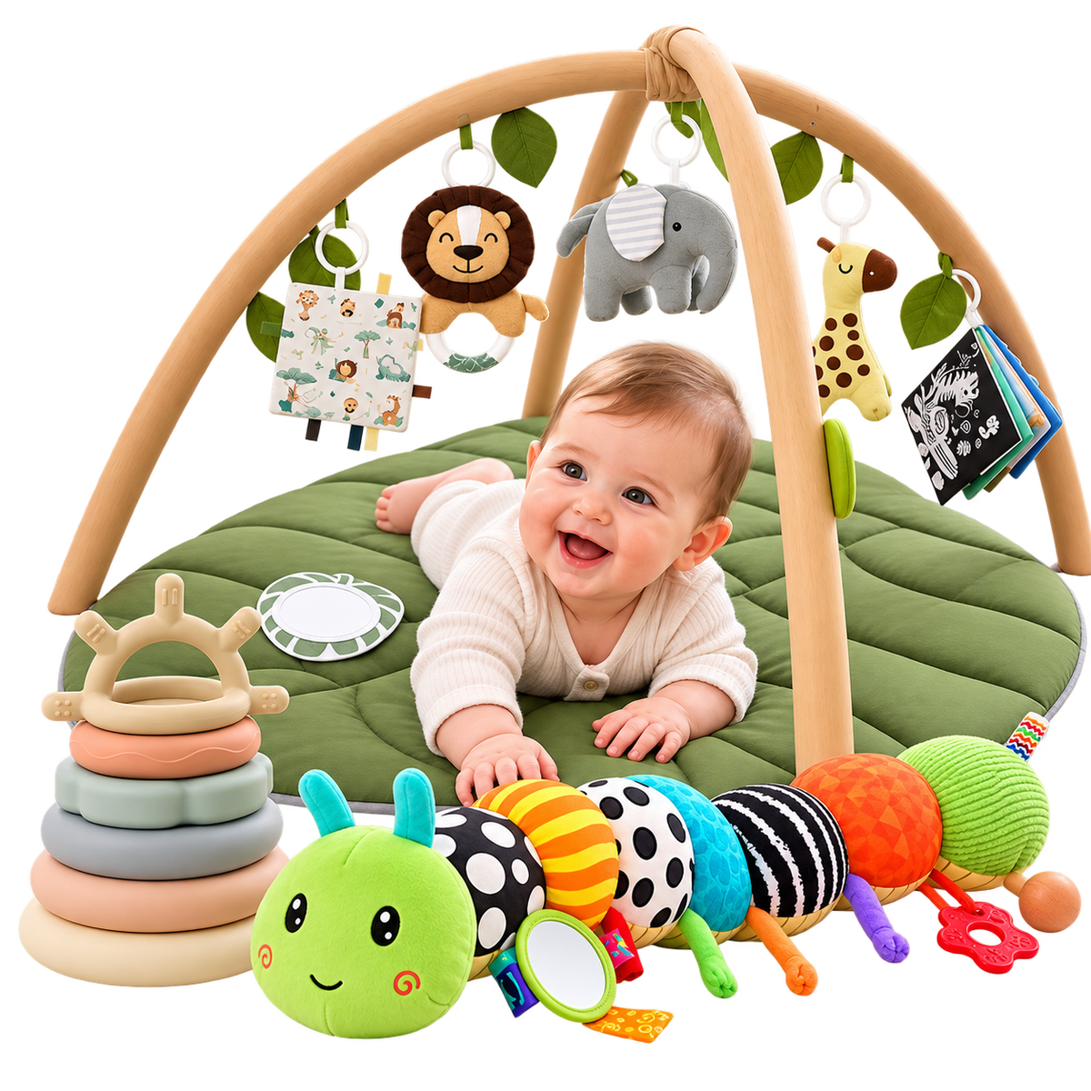 Baby Playtime Bundle with activity gym, sensory caterpillar and soft stacking rings