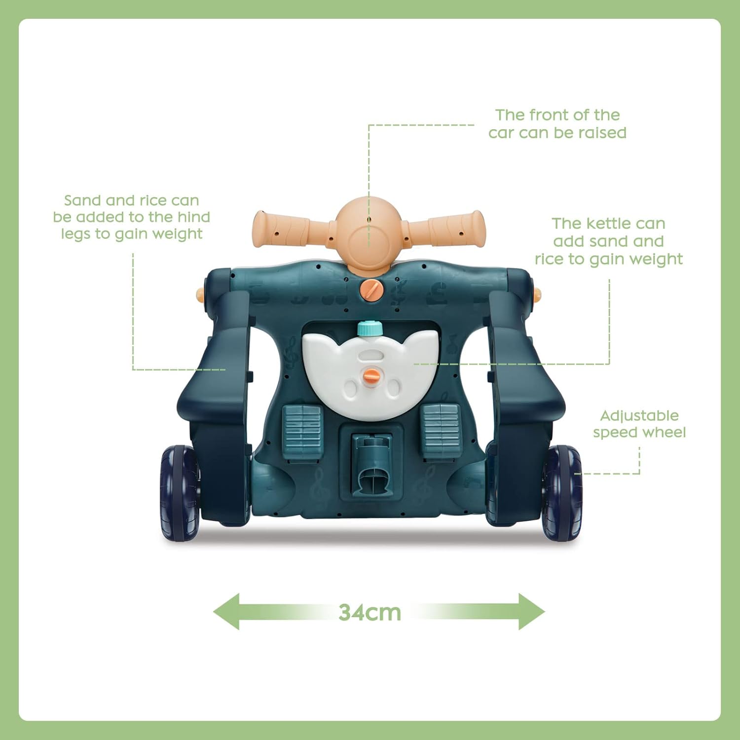 Front view of baby push toy with activity features