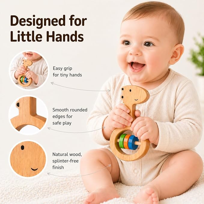 Baby rattle set with natural wooden finish for home playtime use