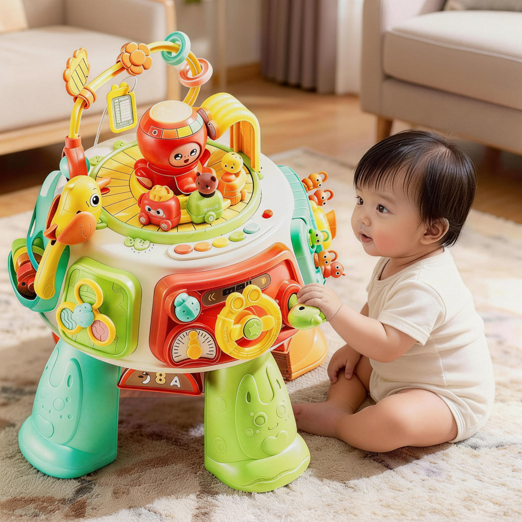Baby sensory play table with gears buttons sliders and dials