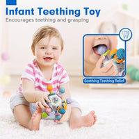 Close-up of baby sensory teething and rattle accessories.