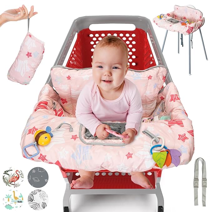 padded baby shopping cart cover with toys and phone pocket for grocery cart seating