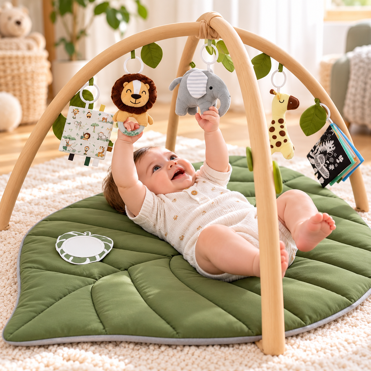 Soft stacking ring toy designed for supervised grasping and simple stacking activities