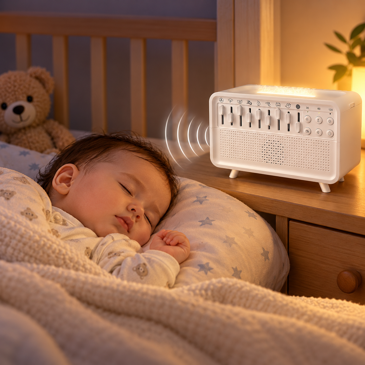 Close-up of the timer control on the multifunctional nursery sound machine.
