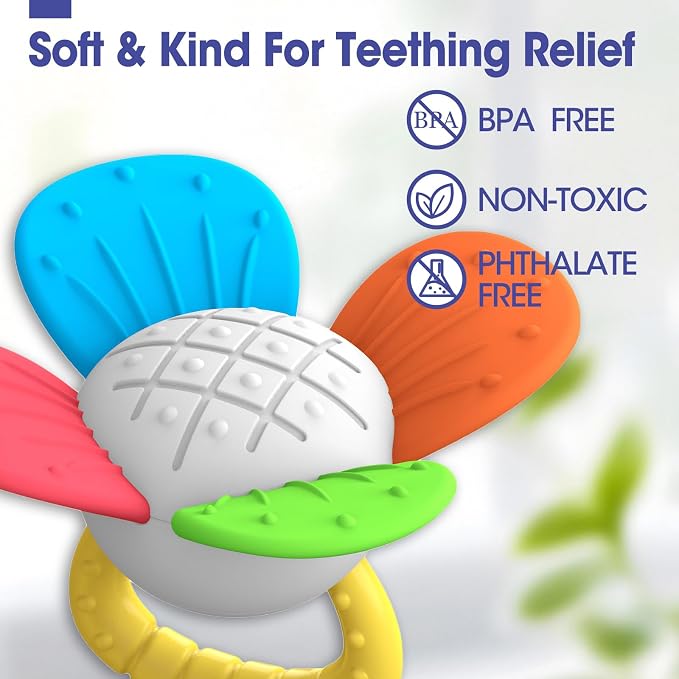 Detailed photograph highlighting the manufacturer's approved teething surfaces on a baby toy.