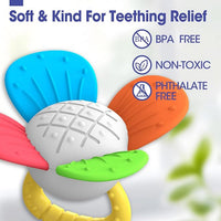 Detailed photograph highlighting the manufacturer's approved teething surfaces on a baby toy.