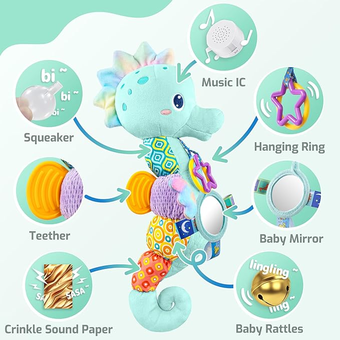 Baby Teething Sensory Plush Toy With Crinkle And Mirror