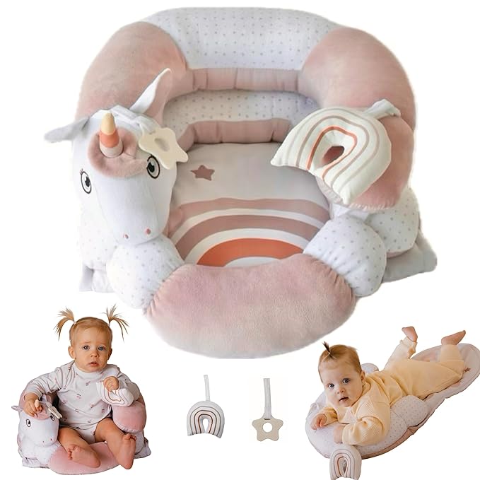 Baby time mat with cushioned seated support and interactive toys