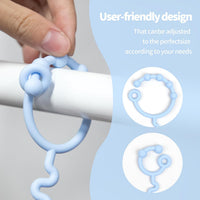 Baby toy holder straps with teether and pacifier clip attachments displayed on a clean white background.