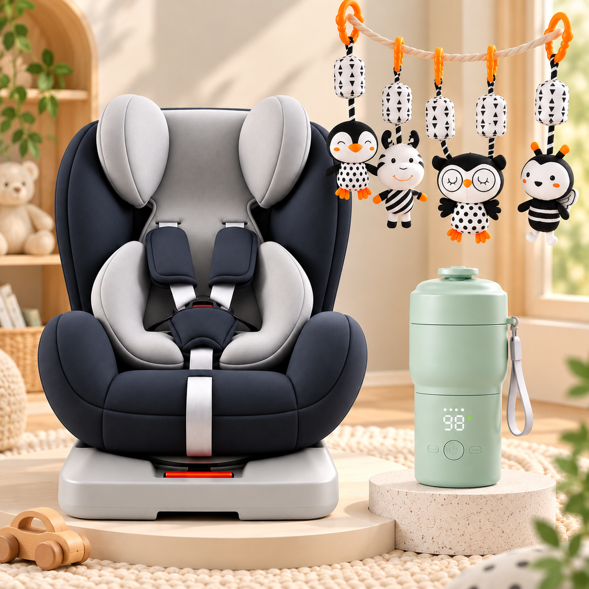 Baby Travel Essentials Bundle with car seat activity toy and portable bottle warmer
