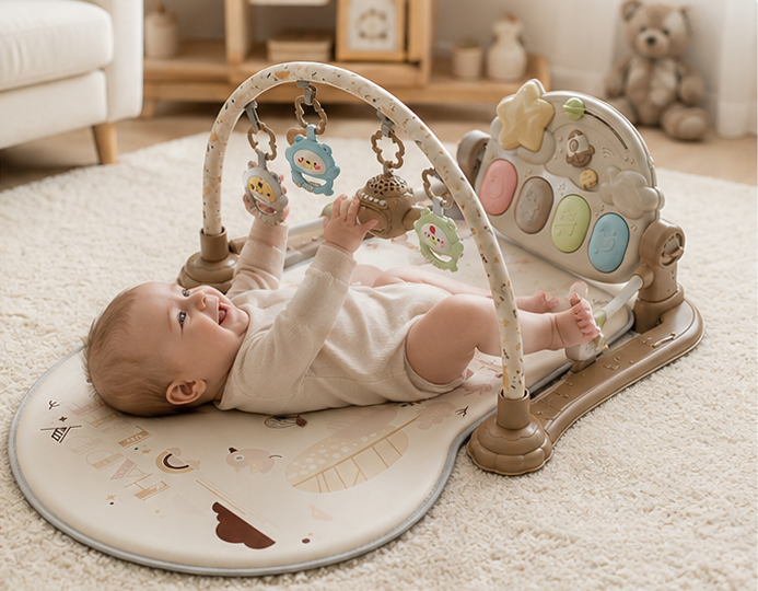 Soft baby tummy time activity gym with animal print mat