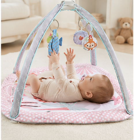 Padded baby tummy time mat with colorful animal print